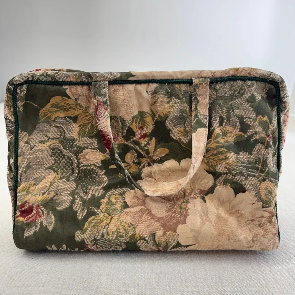 Vintage Floral Tapestry Toiletry Bag Travel Cosmetic Case Organizer Green Pink